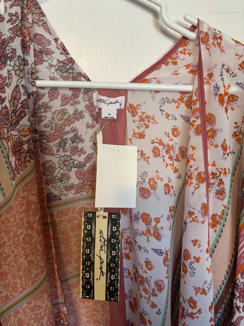 Ultra Pink Floral Patchwork Duster Kimono - Pink & Orange Accents - Picture 3 of 4